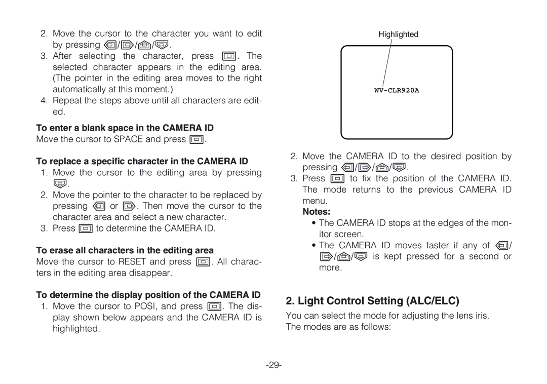 Panasonic WV-CLR924AE, WV-CLR920A Light Control Setting ALC/ELC, To erase all characters in the editing area 