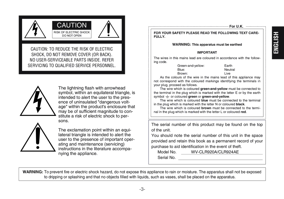 Panasonic WV-CLR924AE operating instructions Model No. WV-CLR920A/CLR924AE Serial No 