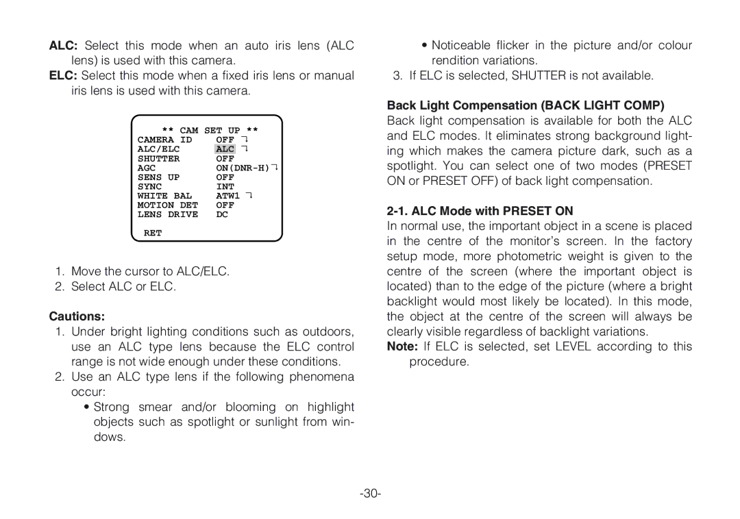 Panasonic WV-CLR920A, WV-CLR924AE operating instructions Back Light Compensation Back Light Comp, ALC Mode with Preset on 