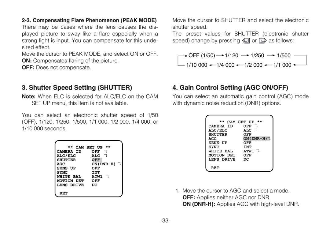 Panasonic WV-CLR924AE, WV-CLR920A operating instructions Shutter Speed Setting Shutter, Gain Control Setting AGC ON/OFF 