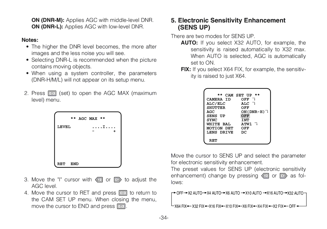 Panasonic WV-CLR920A, WV-CLR924AE operating instructions Electronic Sensitivity Enhancement Sens UP 