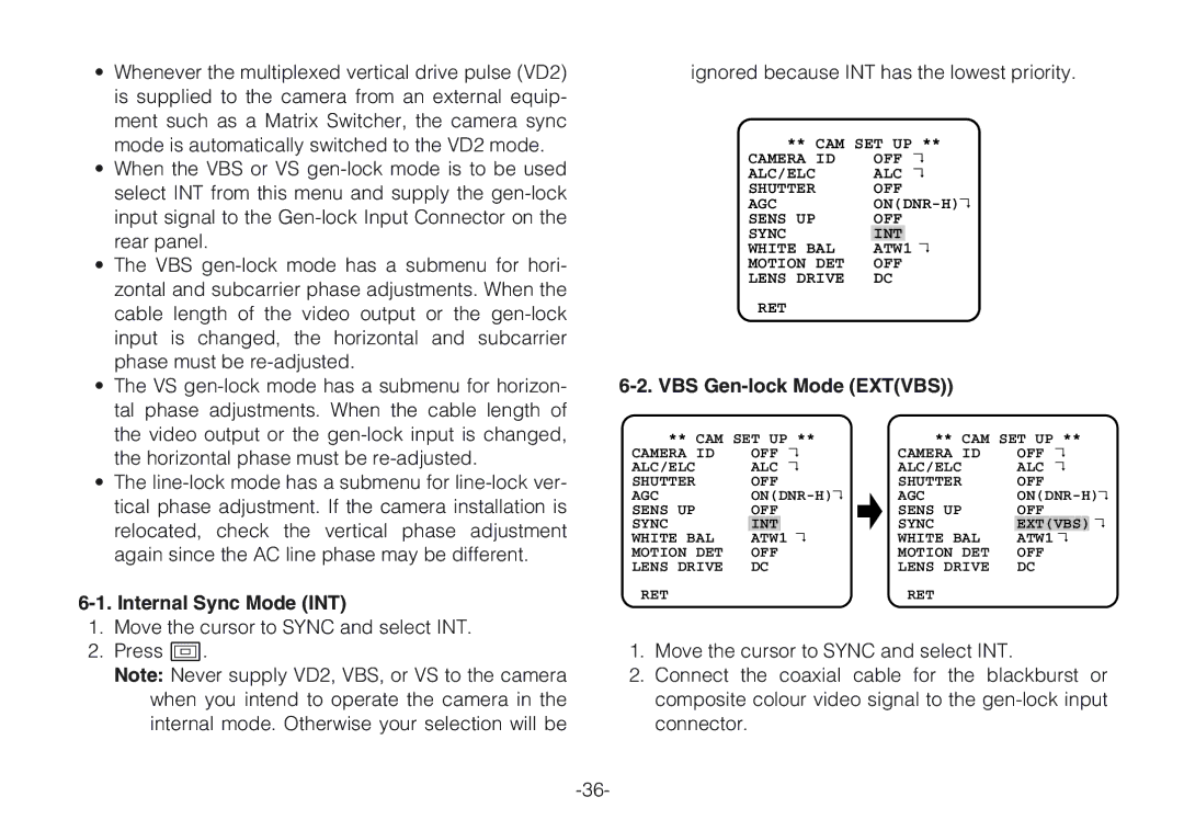 Panasonic WV-CLR920A, WV-CLR924AE operating instructions Internal Sync Mode INT, VBS Gen-lock Mode Extvbs 