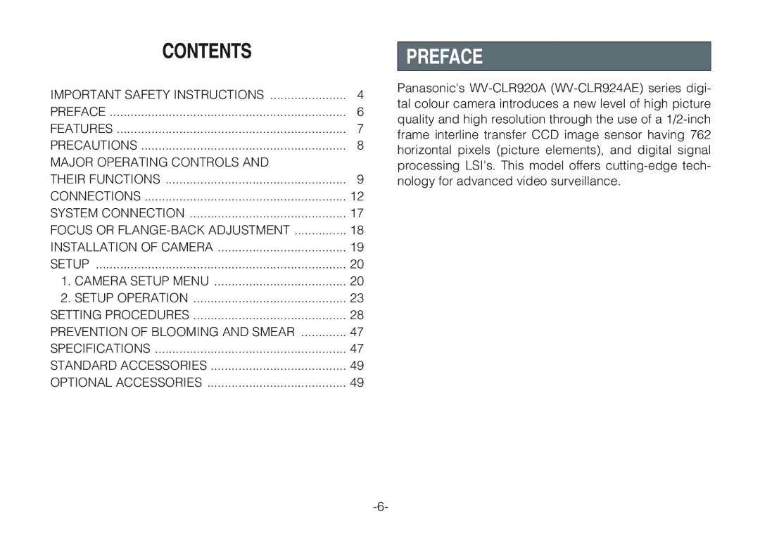 Panasonic WV-CLR920A, WV-CLR924AE operating instructions Contents, Preface 