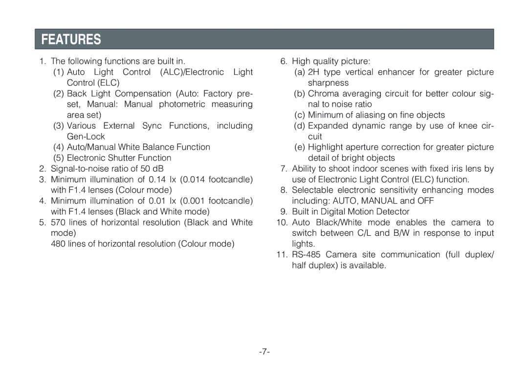 Panasonic WV-CLR924AE, WV-CLR920A operating instructions Features 