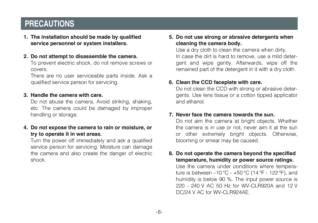 Panasonic WV-CLR920A, WV-CLR924AE Precautions, Handle the camera with care, Clean the CCD faceplate with care 