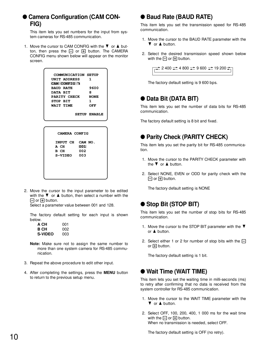 Panasonic WV-CM1780 Camera Configuration CAM CON- FIG, Baud Rate Baud Rate, Data Bit Data BIT, Parity Check Parity Check 