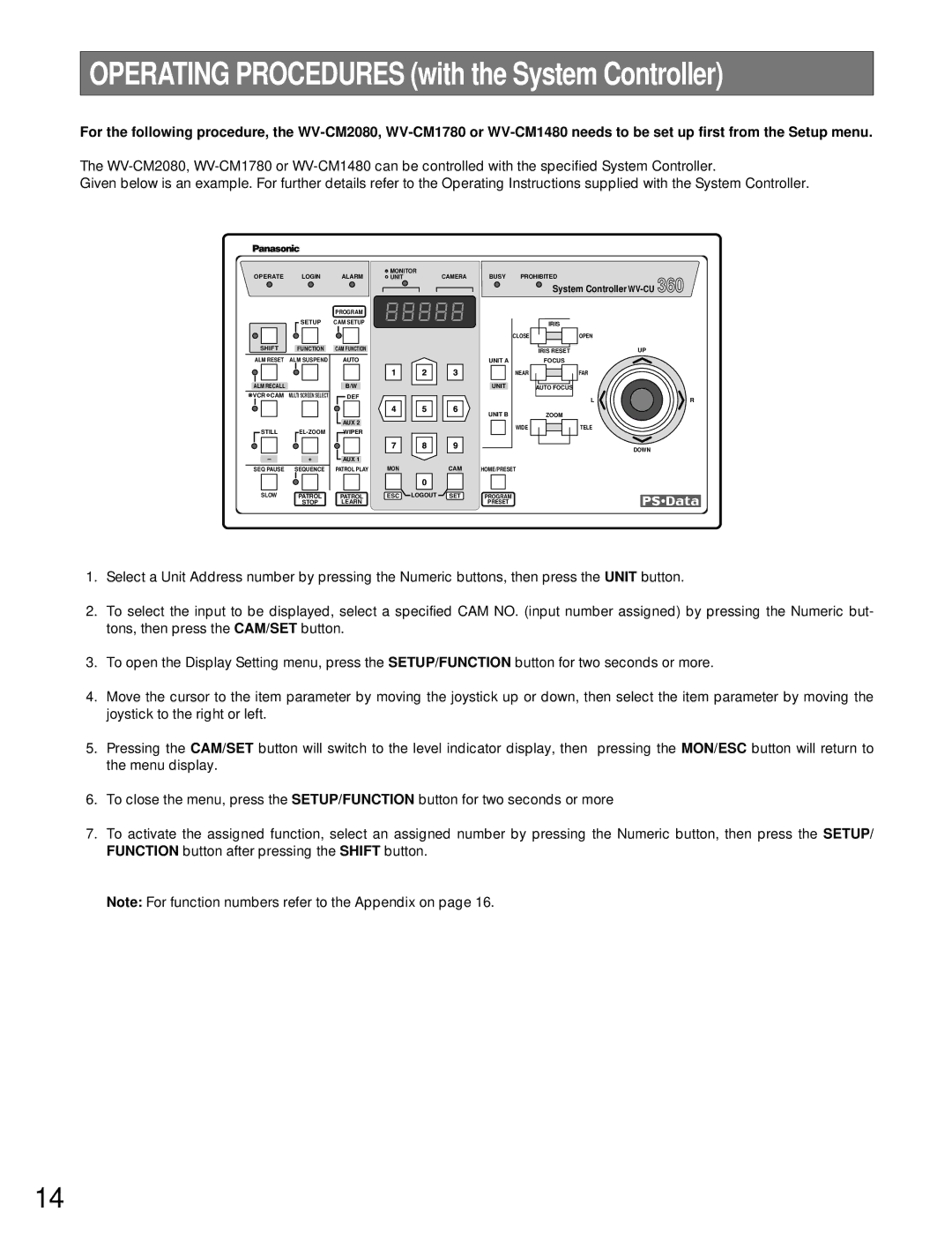 Panasonic WV-CM1780, WV-CM1480 manual Operating Procedures with the System Controller 