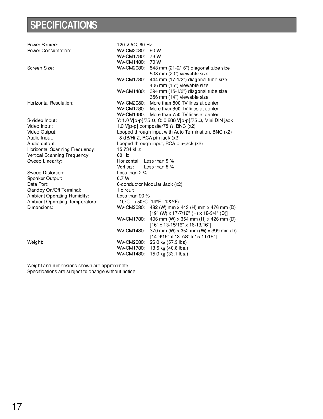 Panasonic WV-CM1480, WV-CM1780 manual Specifications 