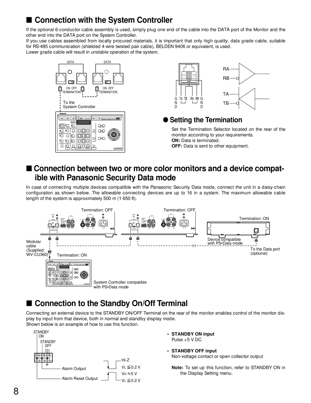 Panasonic WV-CM1780, WV-CM1480 manual Connection with the System Controller, Connection to the Standby On/Off Terminal 