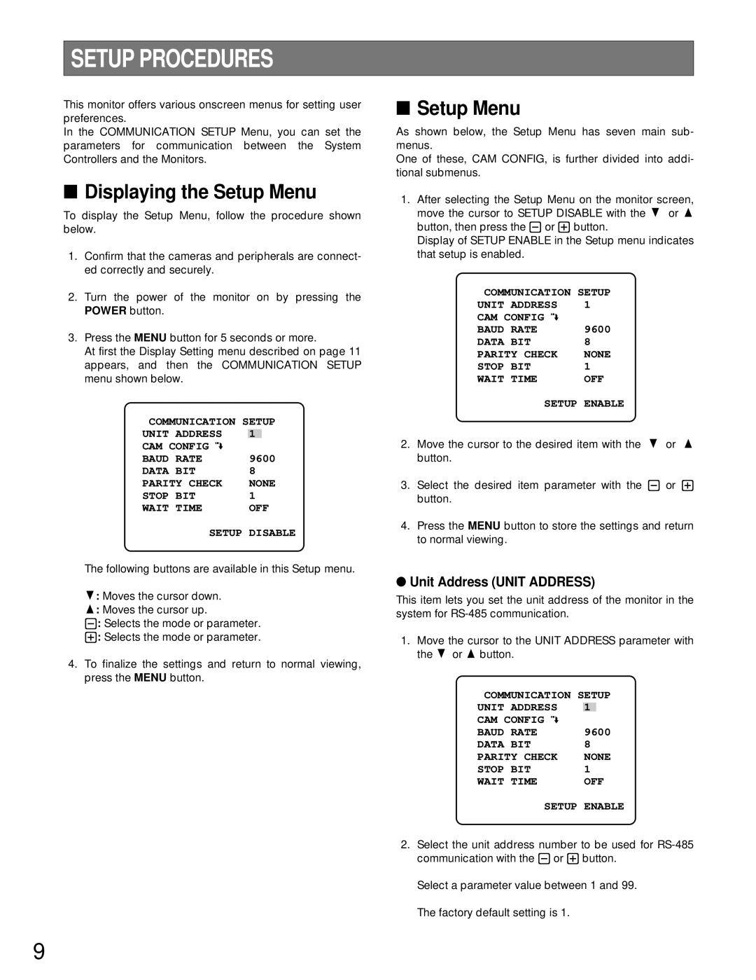 Panasonic WV-CM1480, WV-CM1780 manual Setup Procedures, Displaying the Setup Menu 