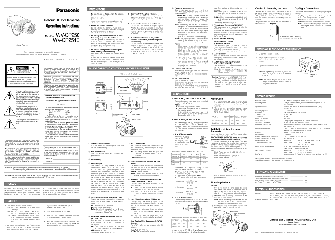 Panasonic WV-CP254E specifications Precautions, Focus or FLANGE-BACK Adjustment, Connections, Specifications, Preface 