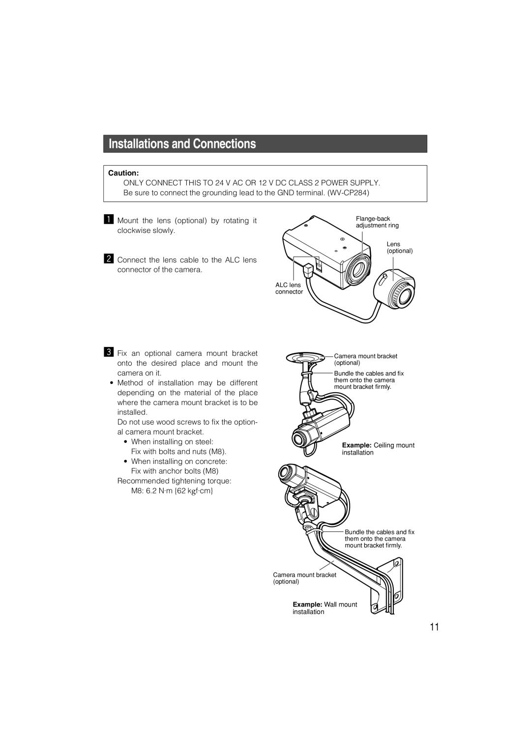 Panasonic WV-CP280, WV-CP284 operating instructions Installations and Connections, Example Ceiling mount installation 