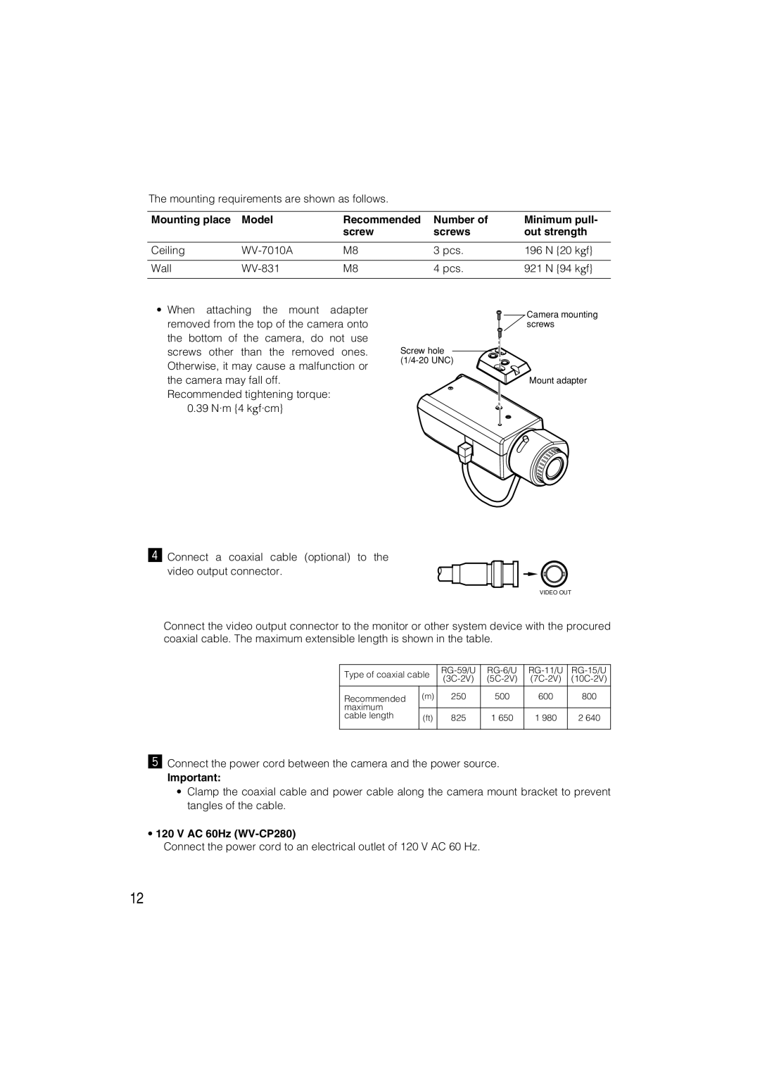 Panasonic WV-CP284 operating instructions AC 60Hz WV-CP280 