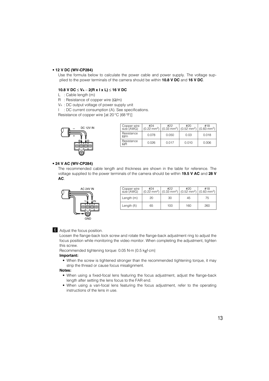 Panasonic WV-CP280 operating instructions DC WV-CP284, DC ≤ VA − 2R x I x L ≤ 16 V DC, AC WV-CP284 