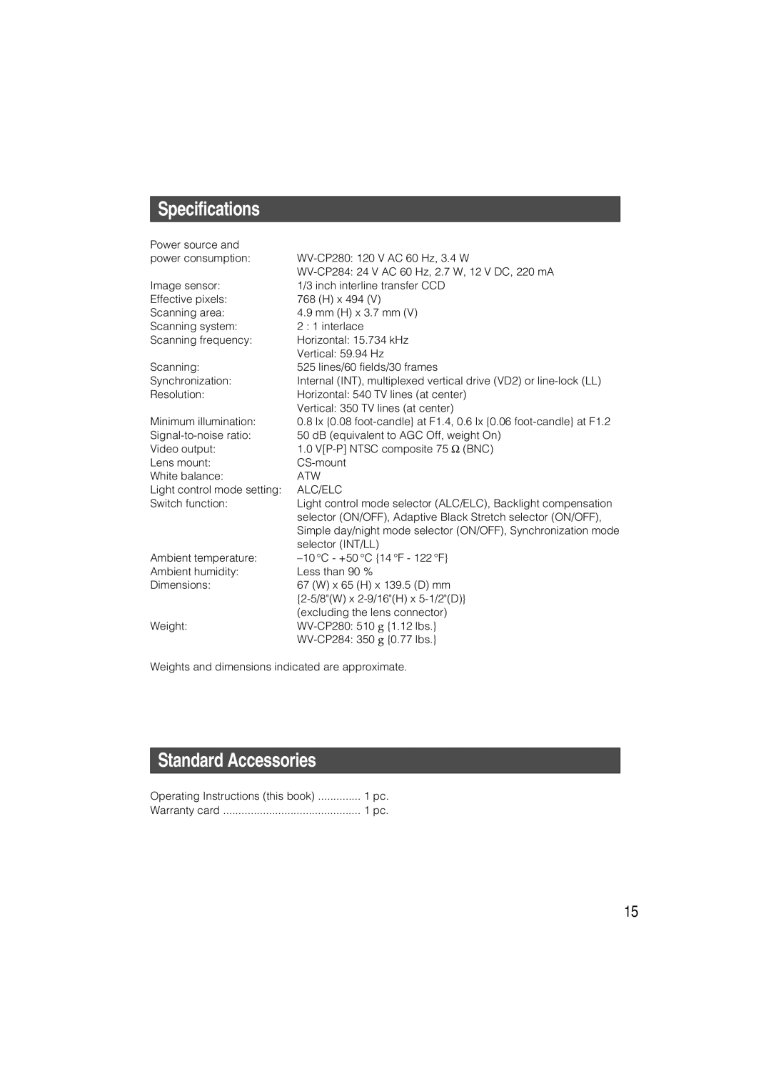 Panasonic WV-CP280, WV-CP284 operating instructions Specifications, Standard Accessories 