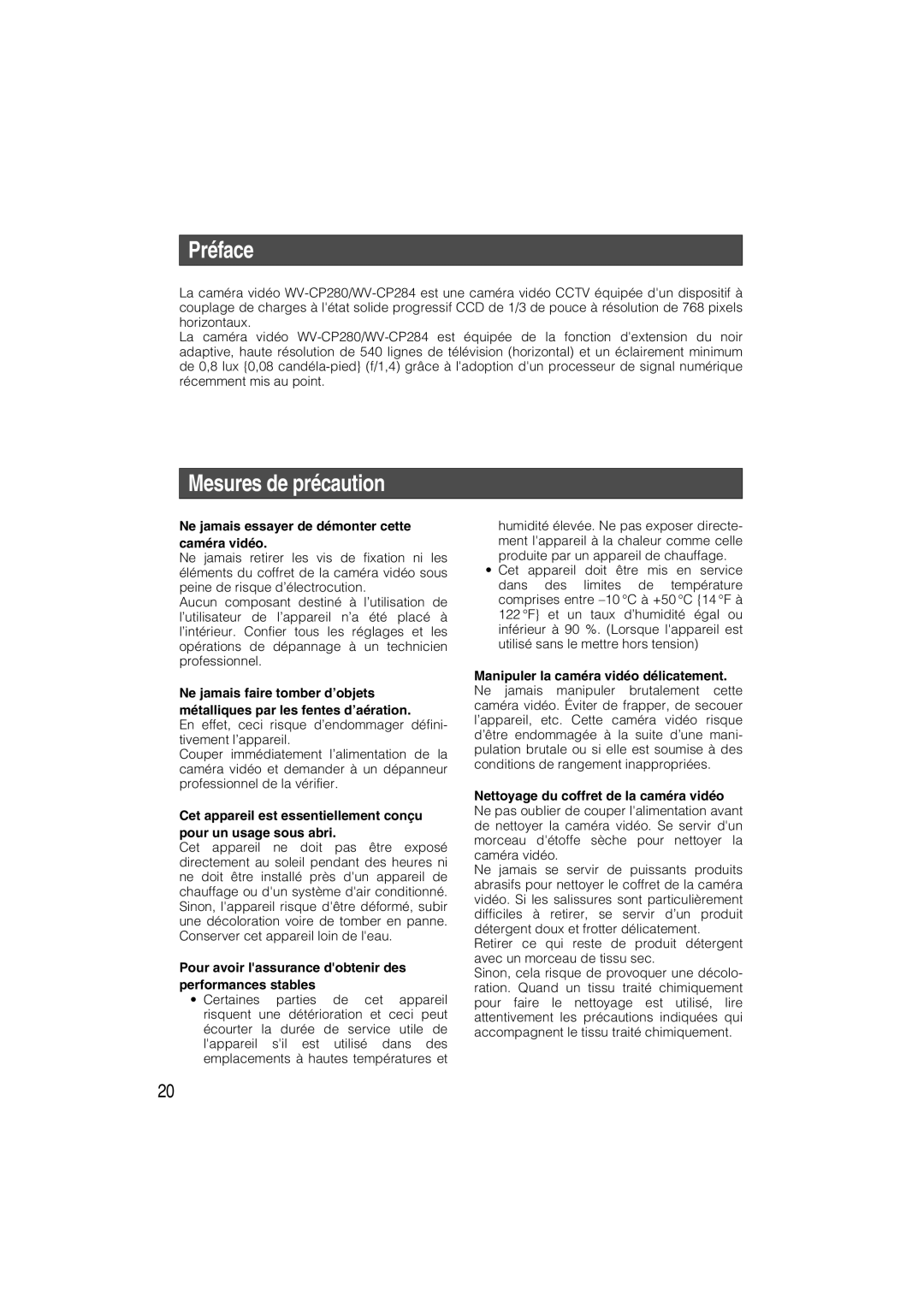 Panasonic WV-CP284, WV-CP280 Préface, Mesures de précaution, Ne jamais essayer de démonter cette caméra vidéo 