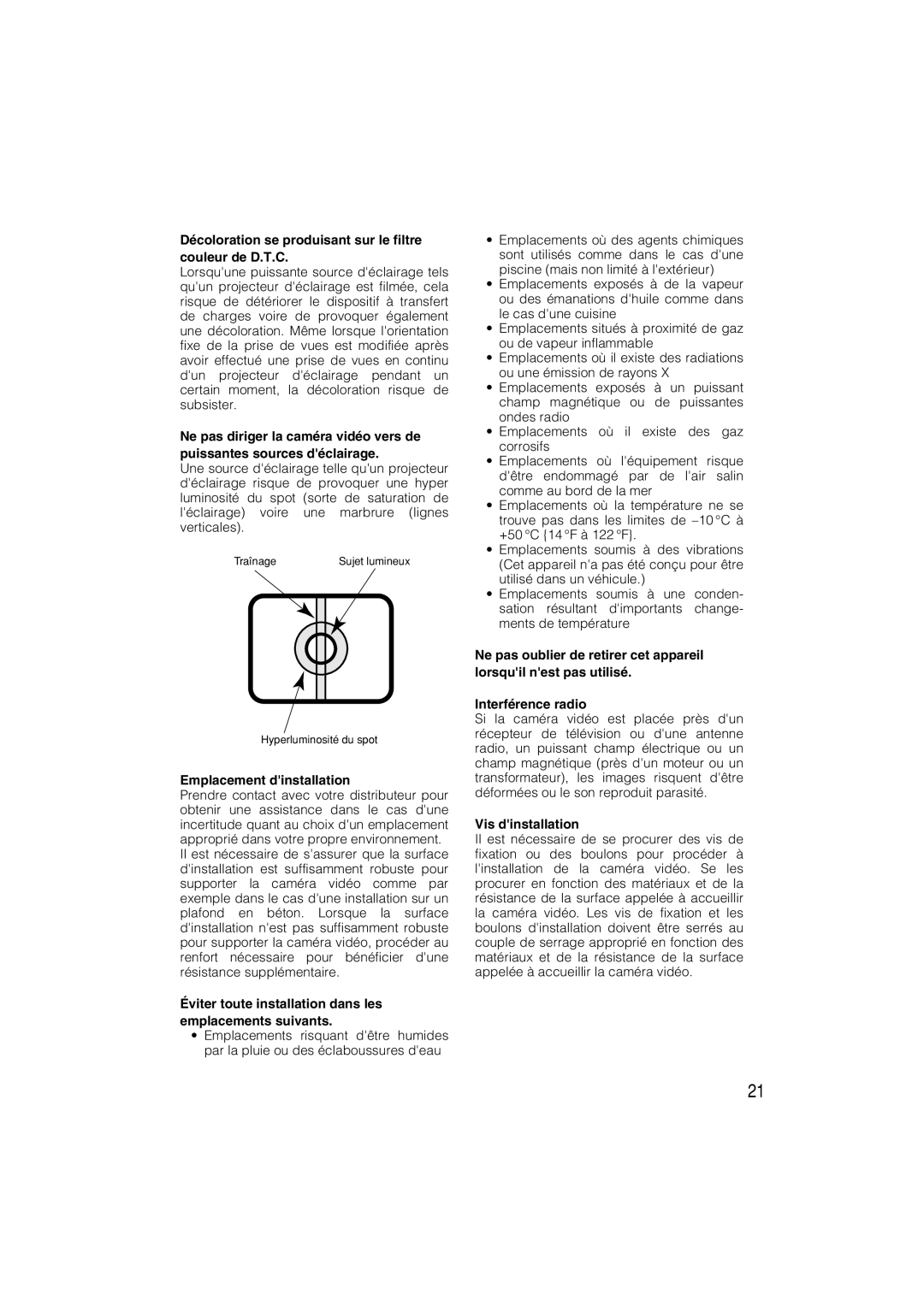 Panasonic WV-CP280 Décoloration se produisant sur le filtre couleur de D.T.C, Emplacement dinstallation, Vis dinstallation 