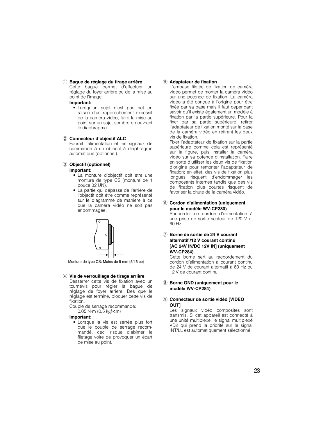 Panasonic WV-CP280, WV-CP284 Connecteur d’objectif ALC, Objectif optionnel Important, Adaptateur de fixation 