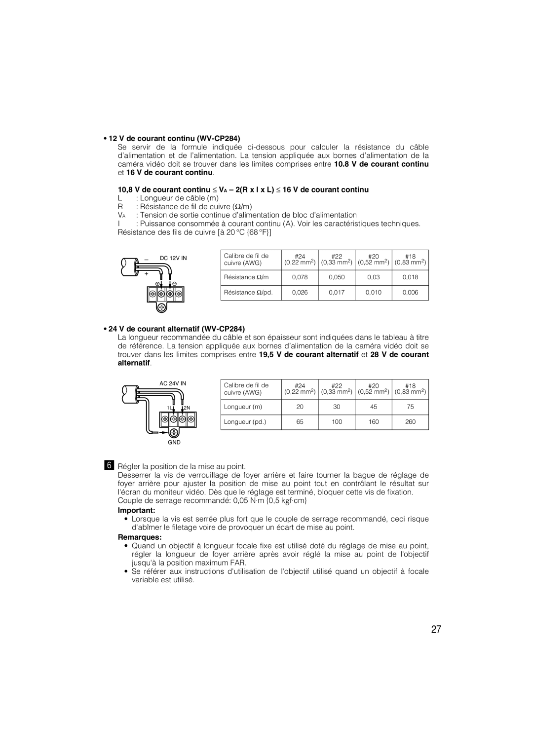 Panasonic WV-CP280 operating instructions De courant continu WV-CP284, De courant alternatif WV-CP284, Remarques 