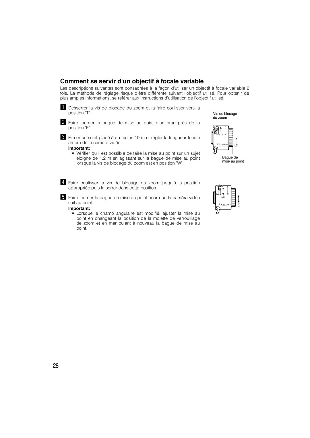 Panasonic WV-CP284, WV-CP280 operating instructions Comment se servir dun objectif à focale variable 