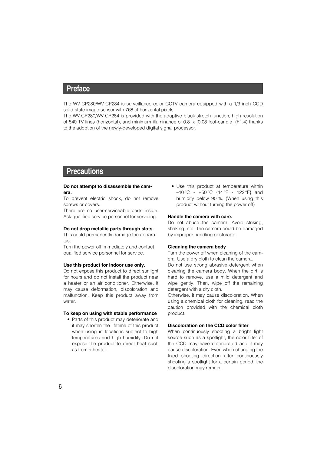 Panasonic WV-CP284, WV-CP280 operating instructions Preface, Precautions 