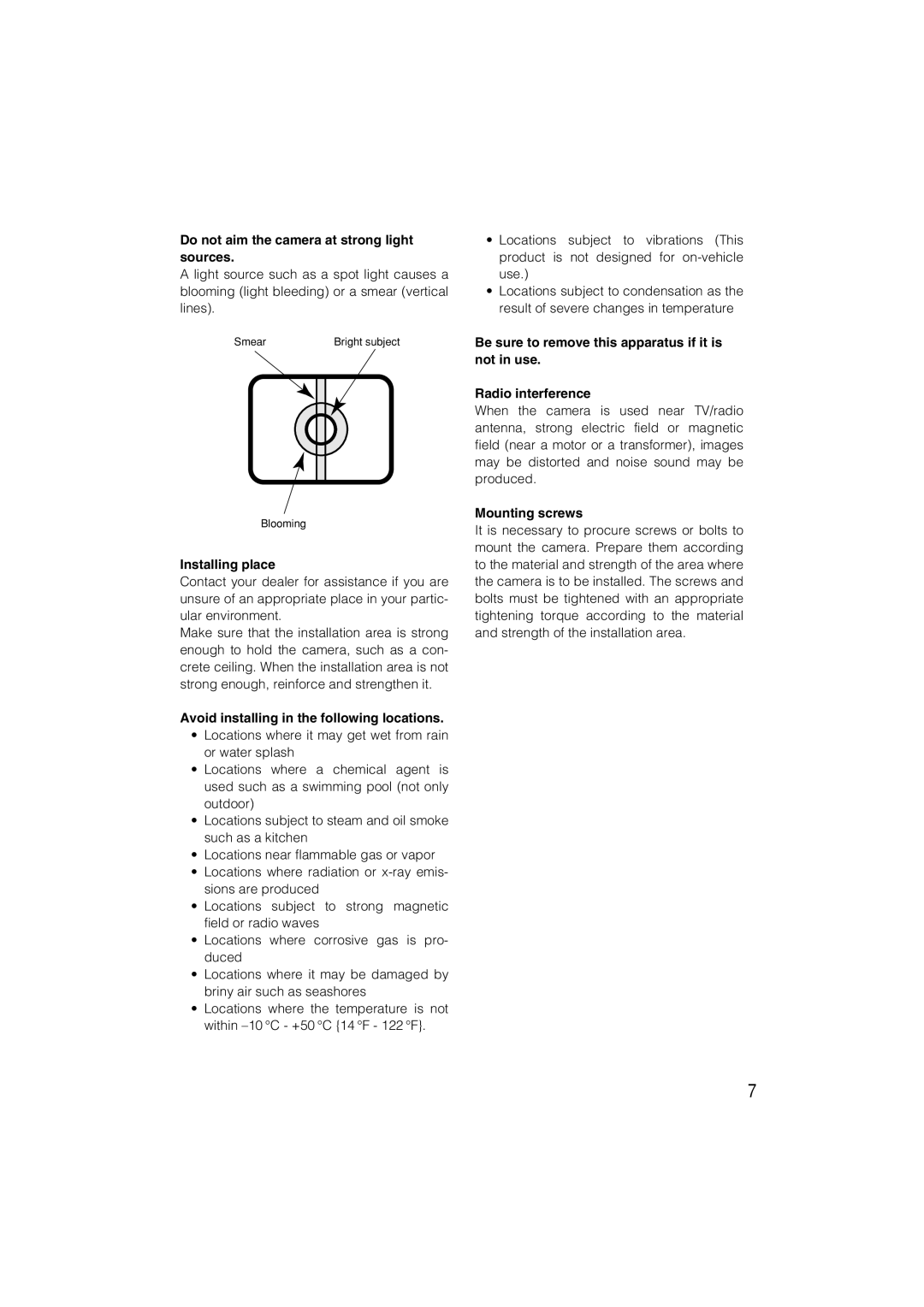 Panasonic WV-CP280, WV-CP284 Do not aim the camera at strong light sources, Installing place, Mounting screws 