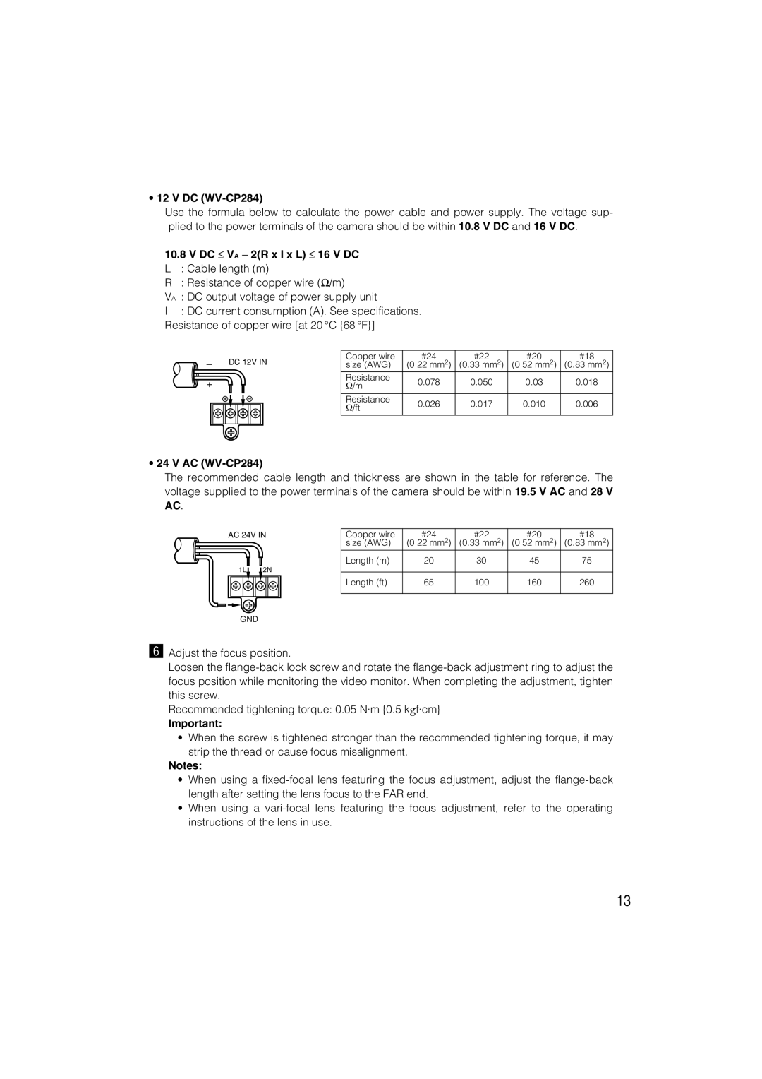 Panasonic WV-CP280 operating instructions V DC WV-CP284, V DC ≤ VA − 2R x I x L ≤ 16 V DC, V AC WV-CP284 