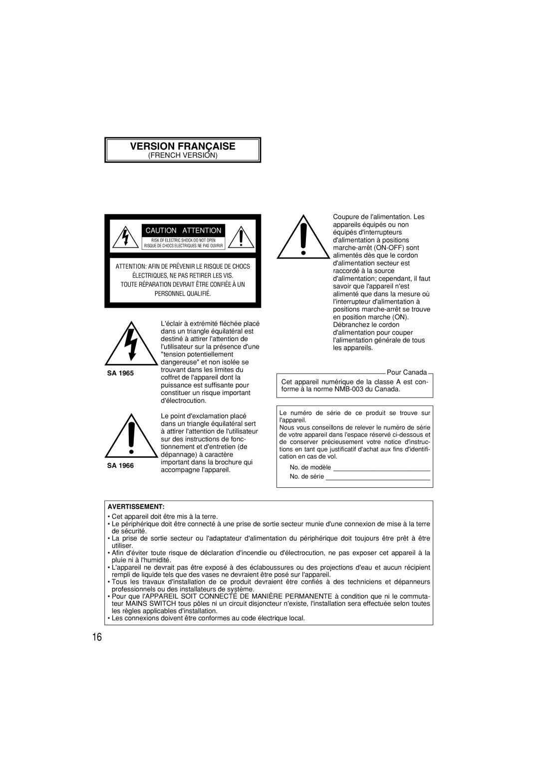 Panasonic WV-CP284, WV-CP280 operating instructions Version Française, French Version, Caution Attention, Avertissement 