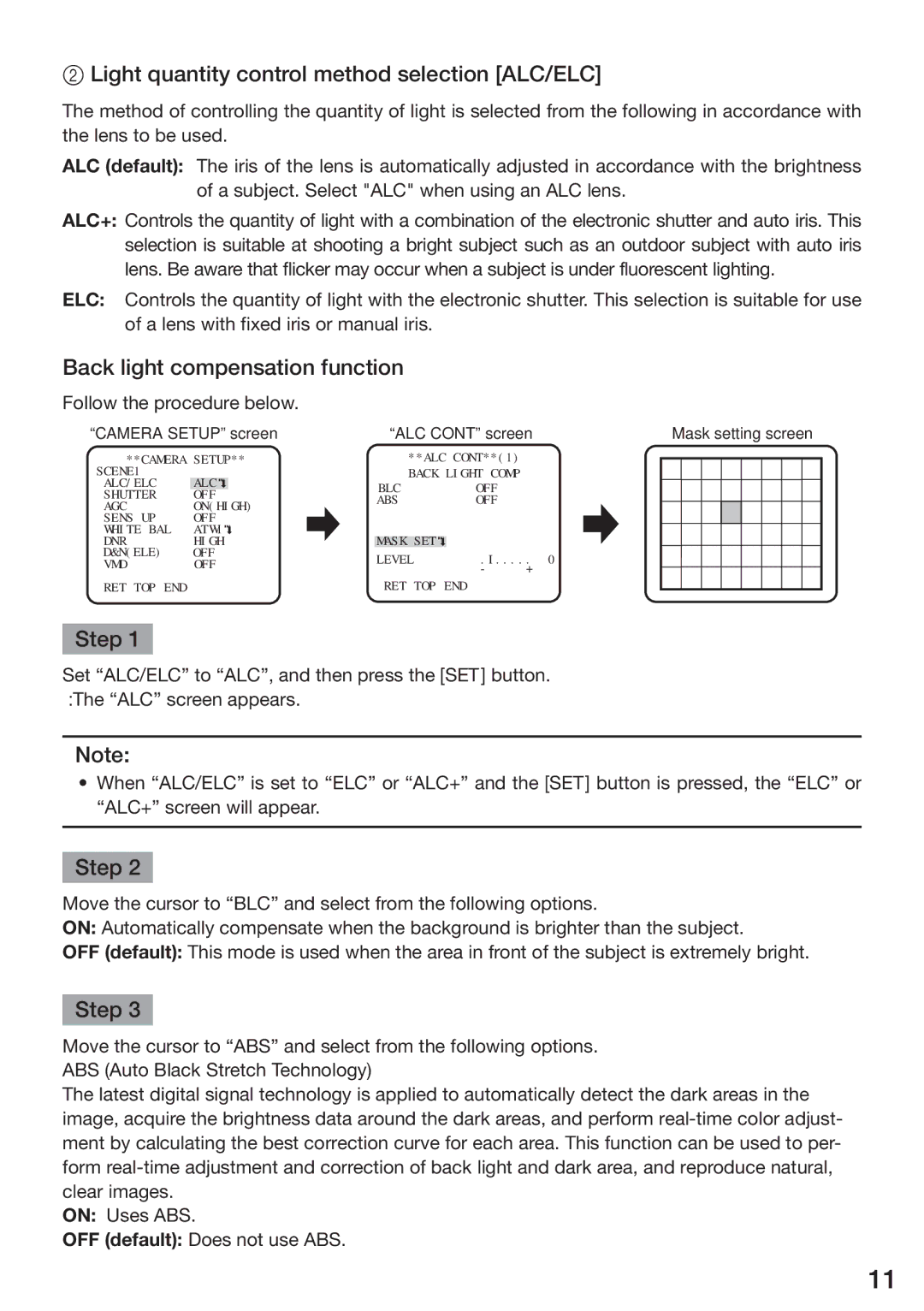 Panasonic WV-CP300, WV-CP310, WV-CP314 Light quantity control method selection ALC/ELC, Back light compensation function 