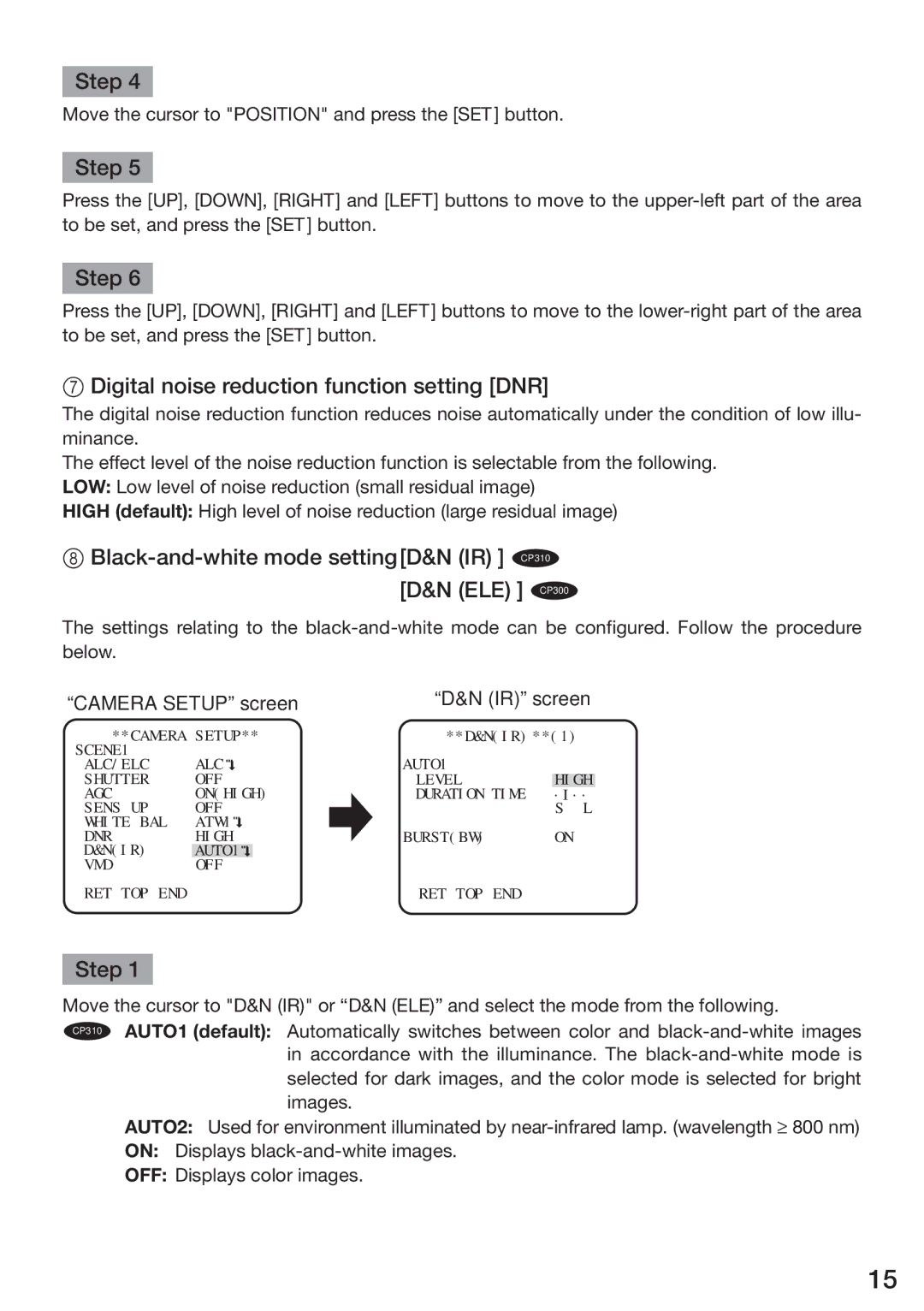 Panasonic WV-CP300 Digital noise reduction function setting DNR, Black-and-white mode settingD&N IR CP310 D&N ELE CP300 