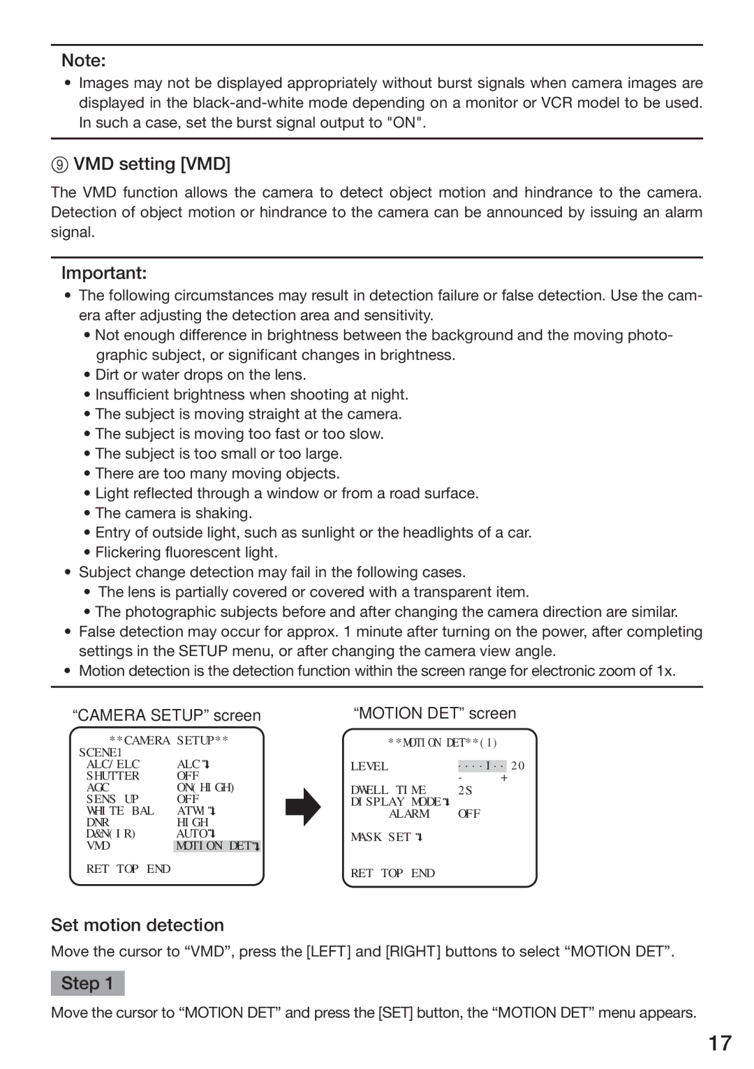 Panasonic WV-CP314, WV-CP310, WV-CP304, WV-CP300 operating instructions VMD setting VMD, Set motion detection 