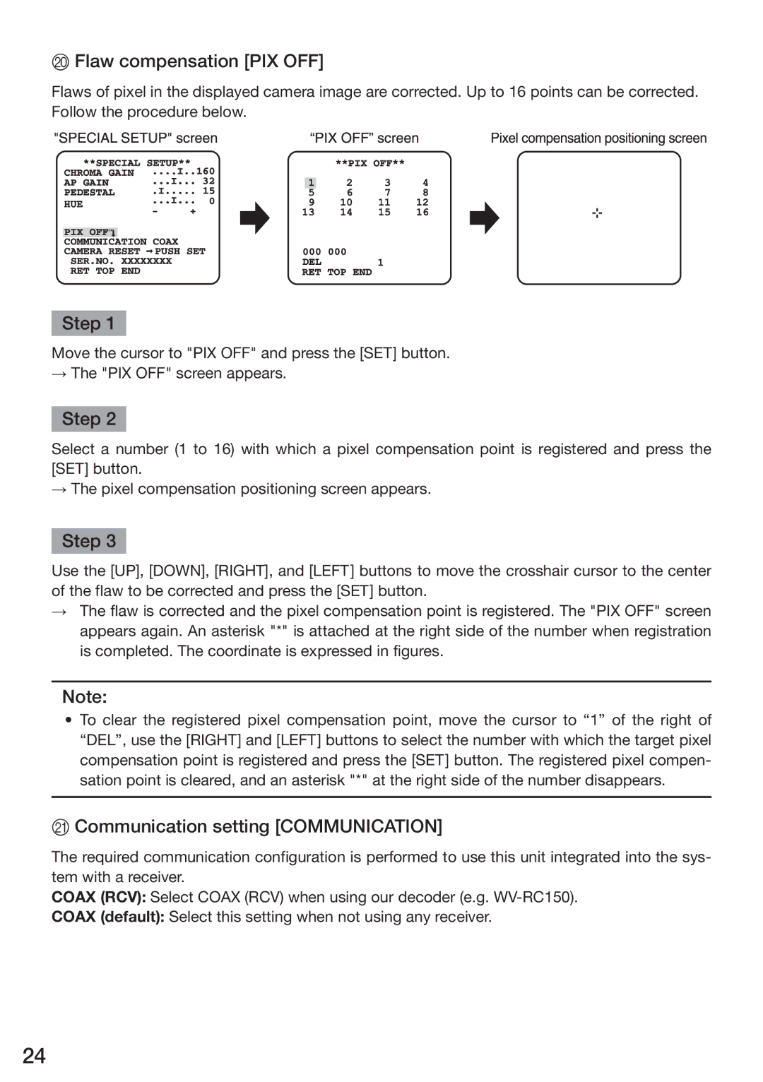 Panasonic WV-CP310, WV-CP314, WV-CP304, WV-CP300 Flaw compensation PIX OFF, Communication setting Communication 