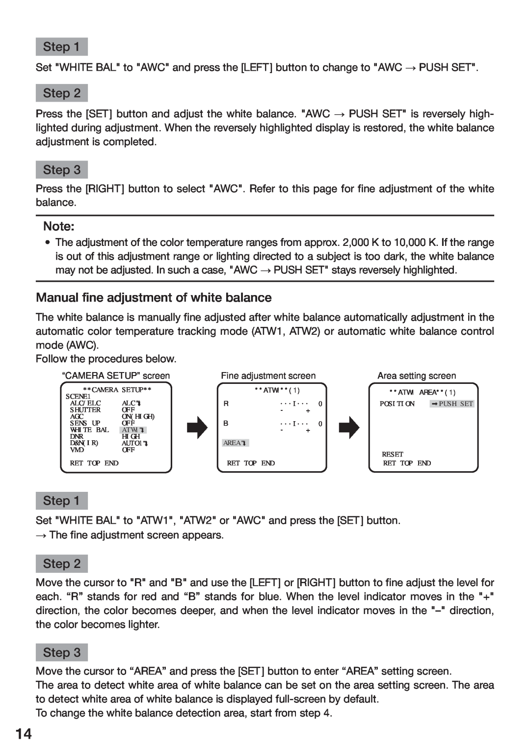 Panasonic WV-CP304, WV-CP310, WV-CP314, WV-CP300 operating instructions Manual fine adjustment of white balance, Step 