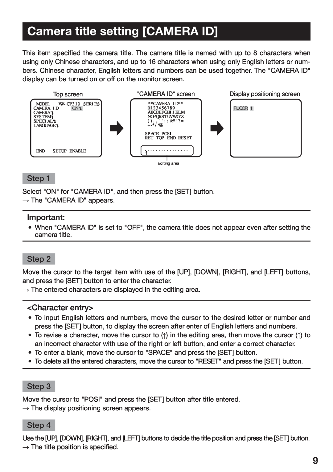 Panasonic WV-CP314, WV-CP310, WV-CP304, WV-CP300 operating instructions Camera title setting CAMERA ID, Character entry, Step 