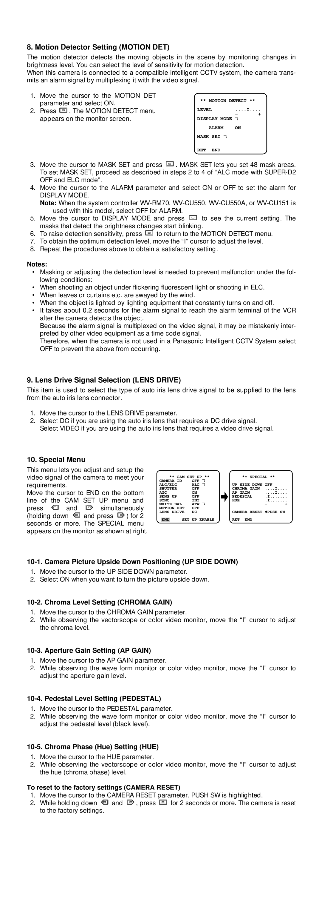 Panasonic WV-CP464, WV-CP460 Motion Detector Setting Motion DET, Lens Drive Signal Selection Lens Drive, Special Menu 