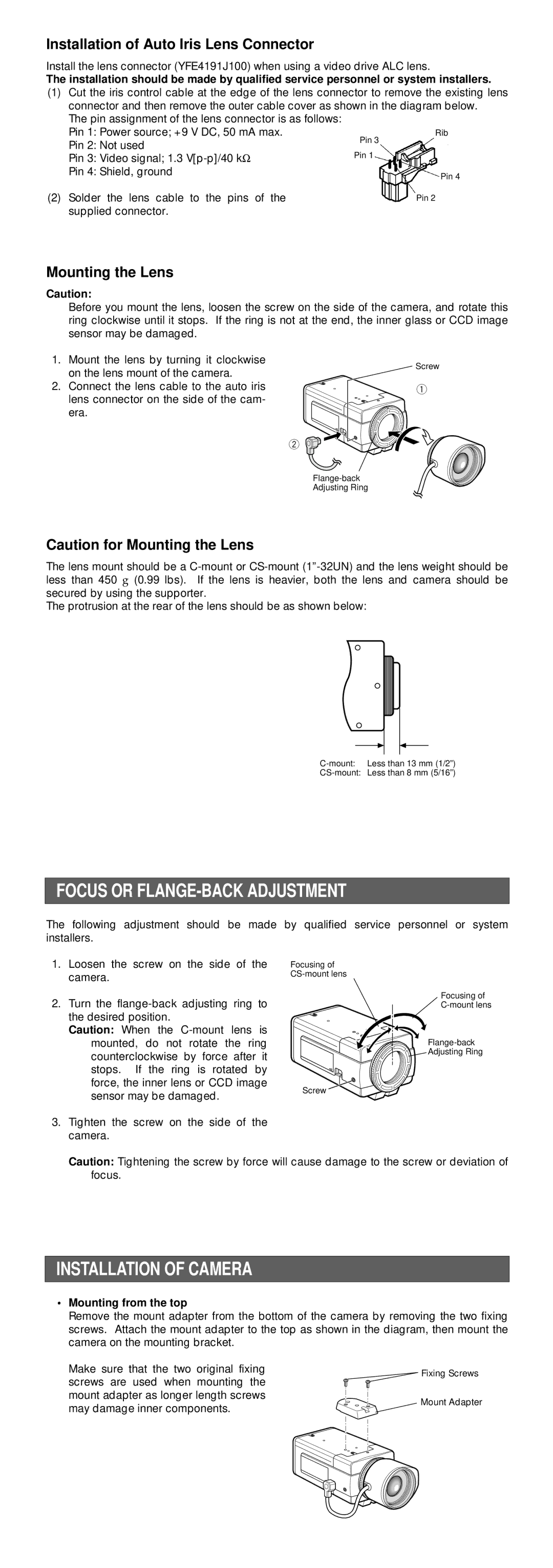 Panasonic WV-CP464, WV-CP460 Focus or FLANGE-BACK Adjustment, Installation of Camera, Mounting from the top 