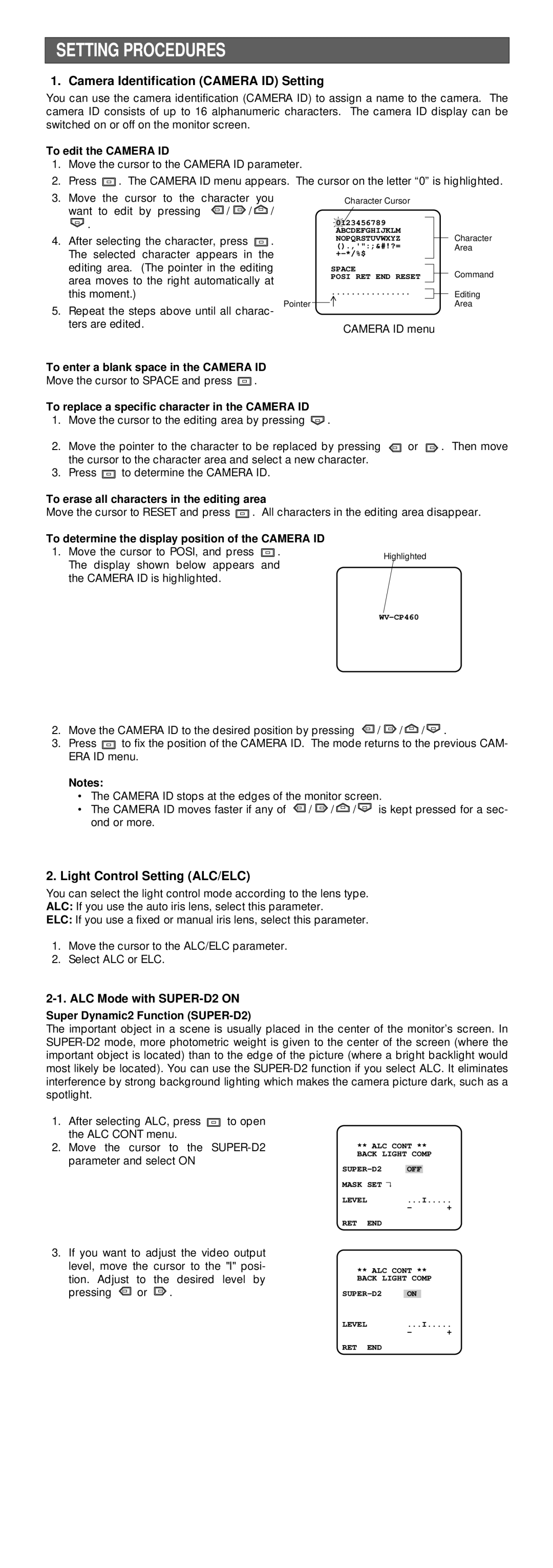 Panasonic WV-CP464, WV-CP460 Setting Procedures, Camera Identification Camera ID Setting, Light Control Setting ALC/ELC 