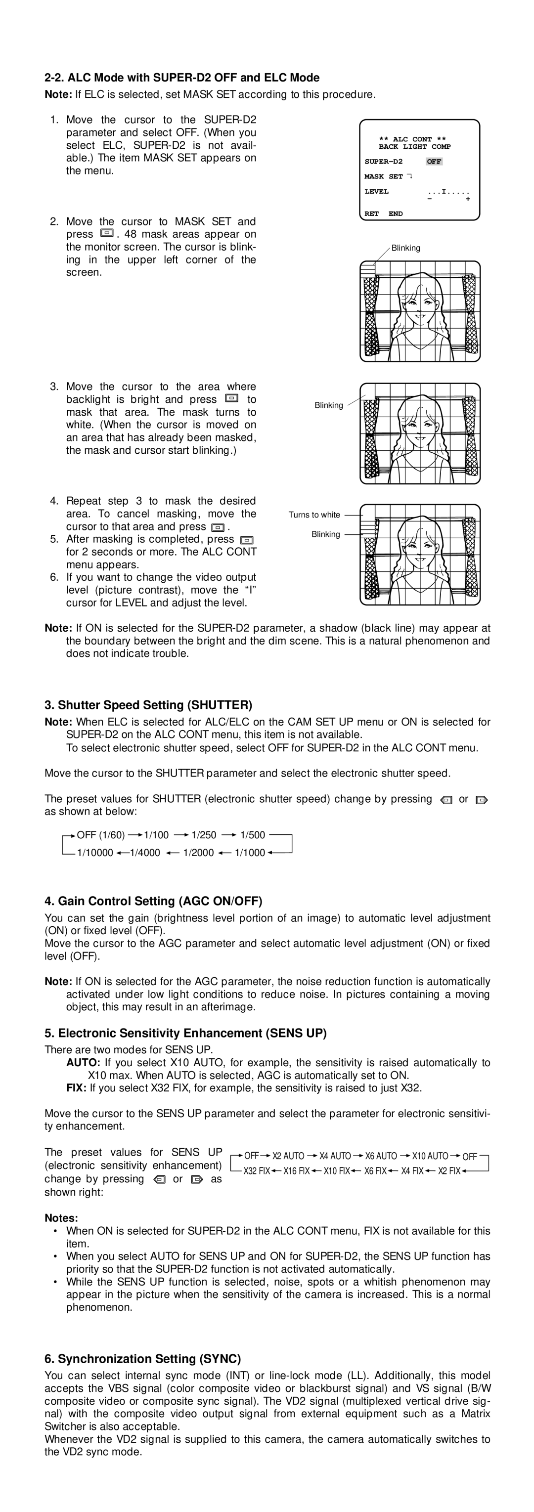 Panasonic WV-CP460, WV-CP464 Shutter Speed Setting Shutter, Gain Control Setting AGC ON/OFF, Synchronization Setting Sync 