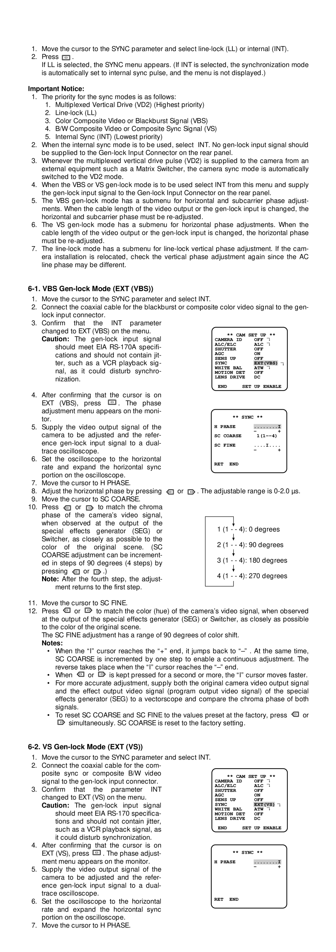 Panasonic WV-CP464, WV-CP460 operating instructions VBS Gen-lock Mode EXT VBS, VS Gen-lock Mode EXT VS 