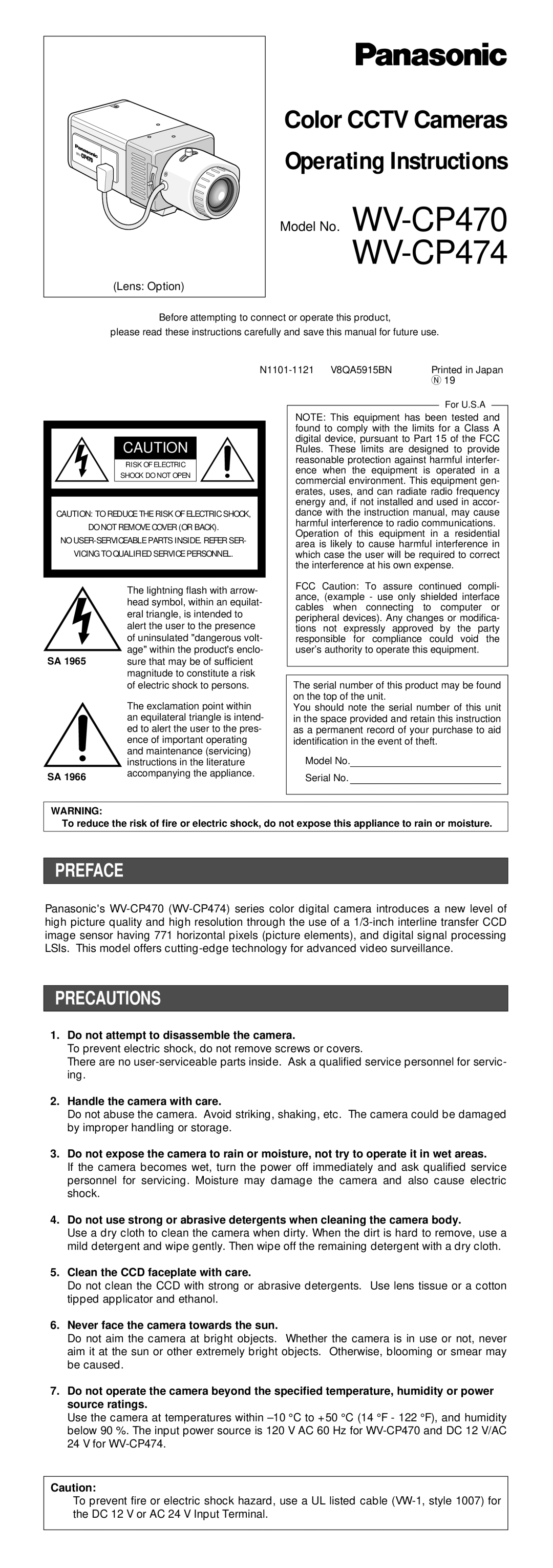 Panasonic WV-CP470, WV-CP474 operating instructions Preface, Precautions 