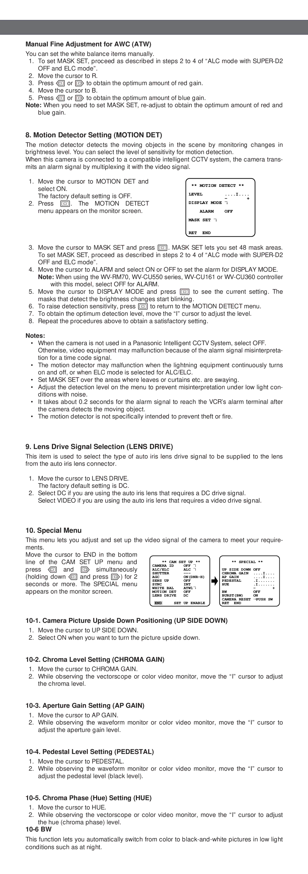 Panasonic WV-CP474, WV-CP470 Motion Detector Setting Motion DET, Lens Drive Signal Selection Lens Drive, Special Menu 