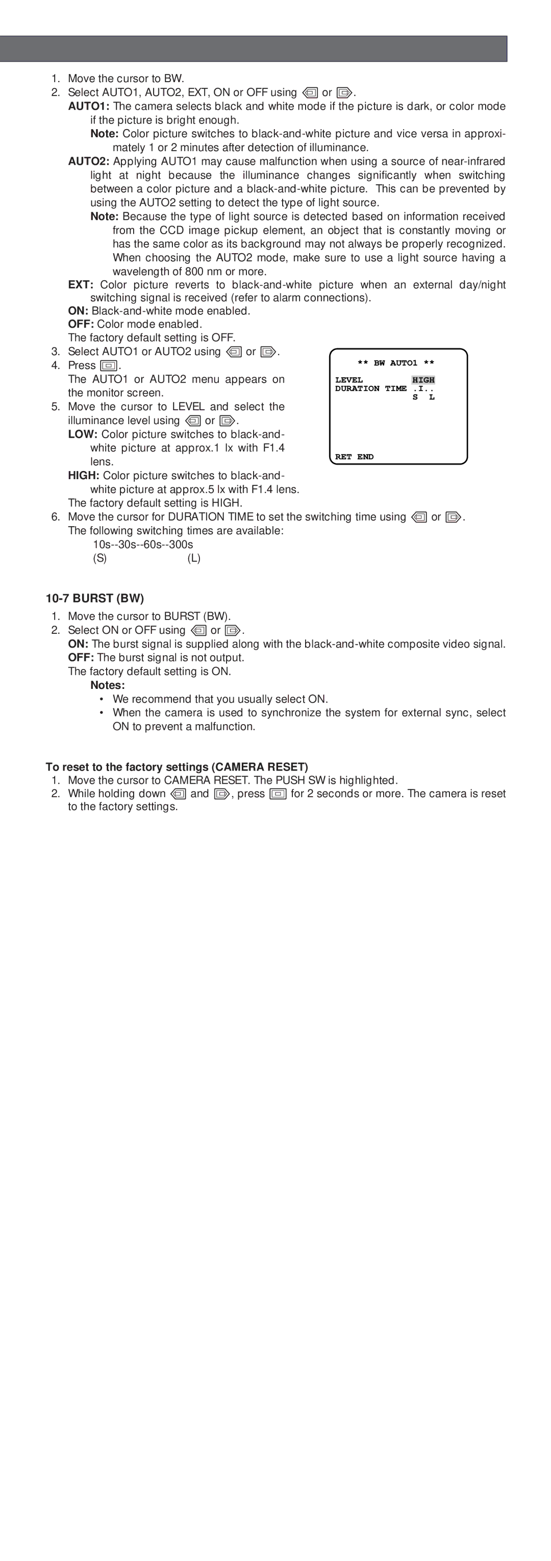 Panasonic WV-CP470, WV-CP474 operating instructions Burst BW, To reset to the factory settings Camera Reset 