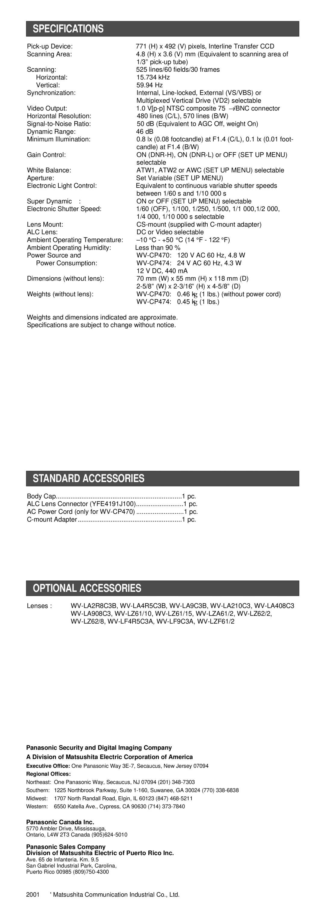 Panasonic WV-CP474, WV-CP470 Specifications, Standard Accessories, Optional Accessories, Panasonic Canada Inc 