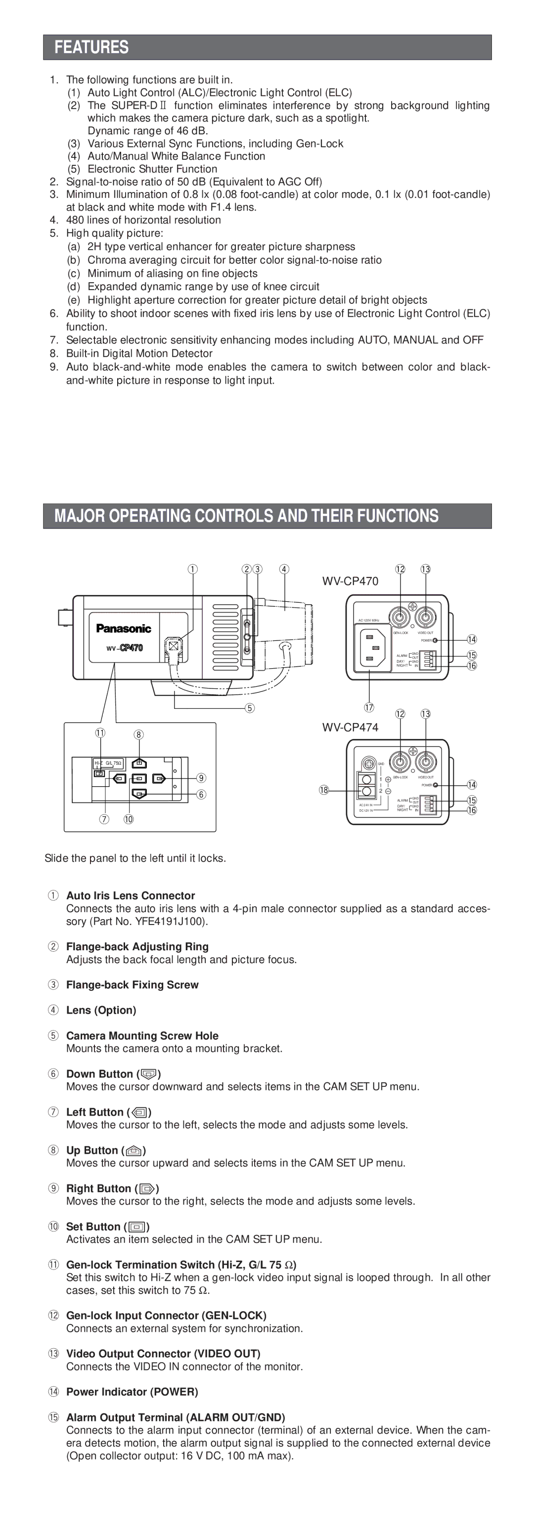 Panasonic WV-CP474, WV-CP470 operating instructions Features 