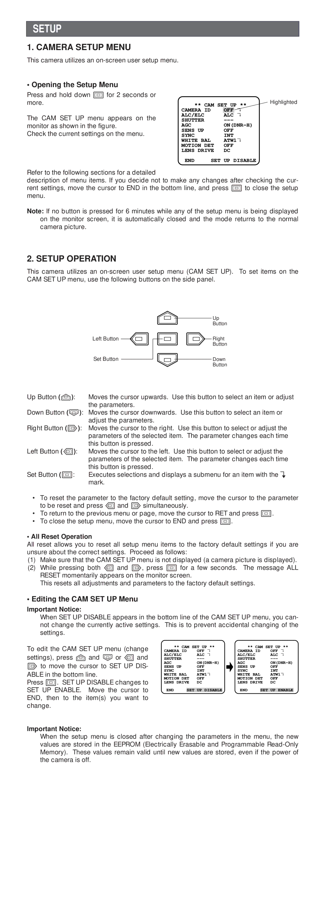 Panasonic WV-CP470 Opening the Setup Menu, Editing the CAM SET UP Menu, All Reset Operation, Important Notice 