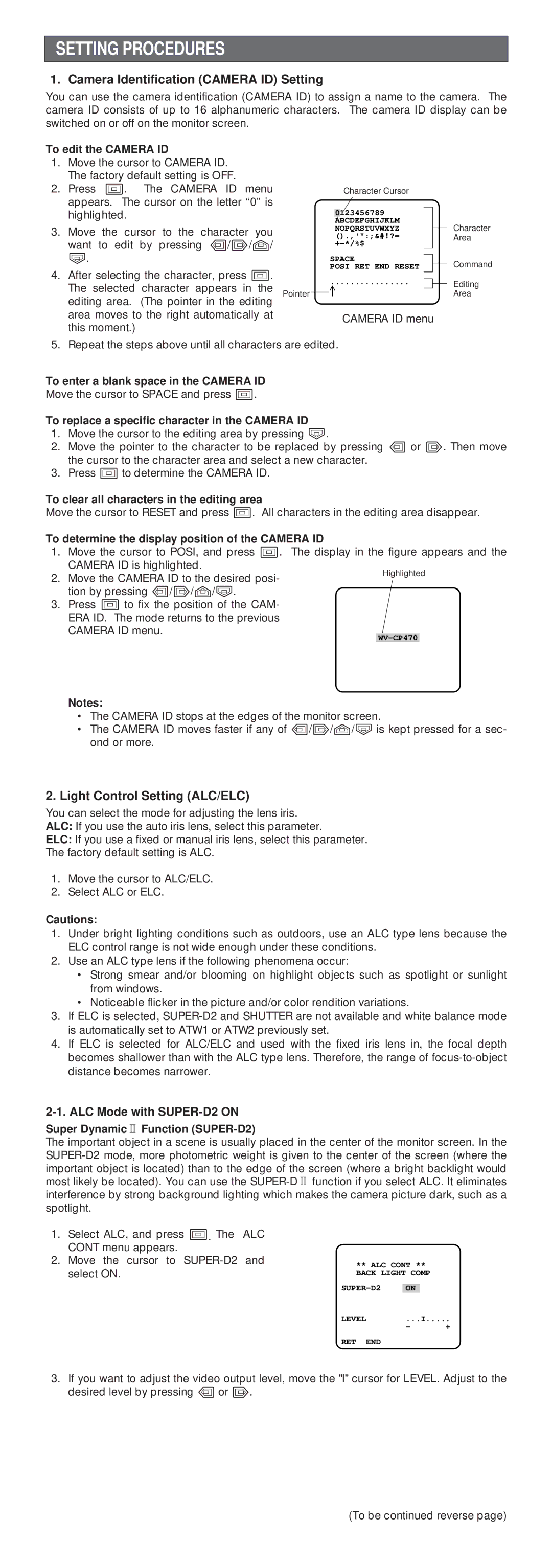 Panasonic WV-CP474, WV-CP470 Setting Procedures, Camera Identification Camera ID Setting, Light Control Setting ALC/ELC 