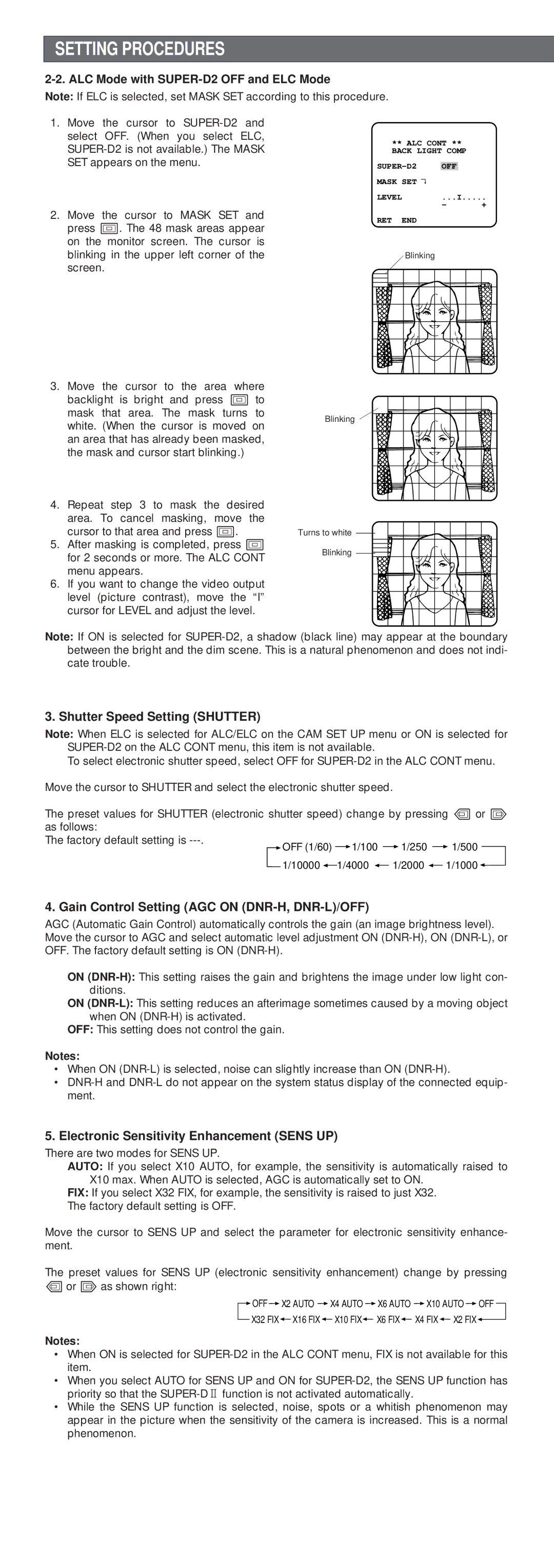 Panasonic WV-CP470, WV-CP474 Shutter Speed Setting Shutter, Gain Control Setting AGC on DNR-H, DNR-L/OFF 