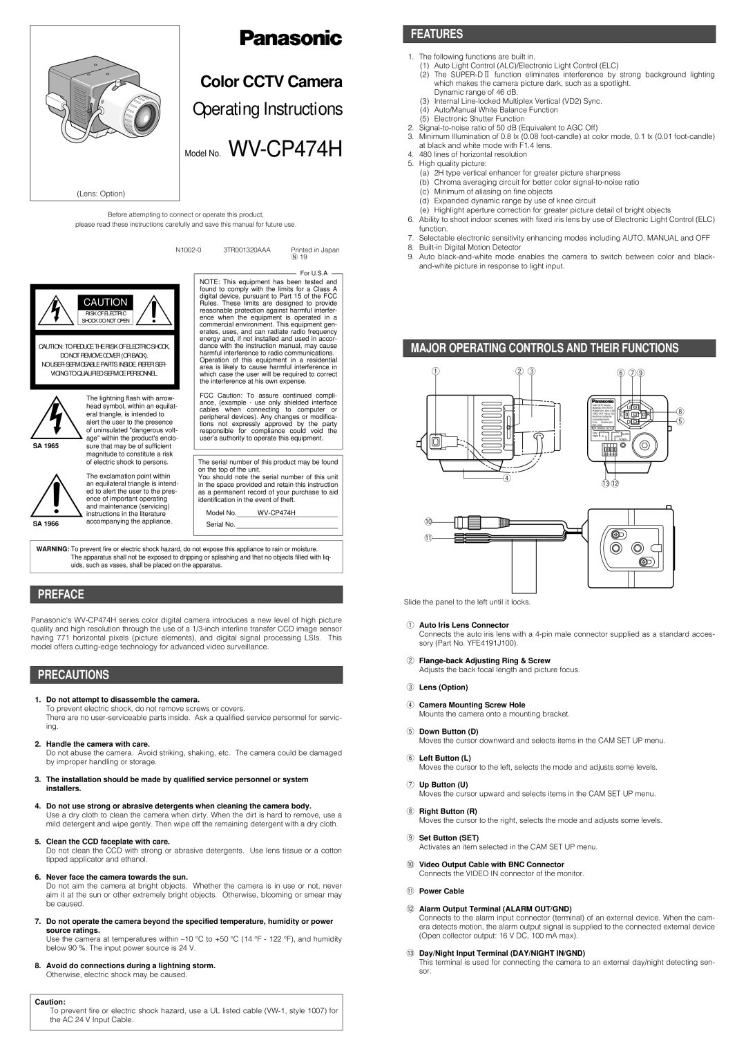 Panasonic WV-CP474H operating instructions Features, Preface, Precautions 