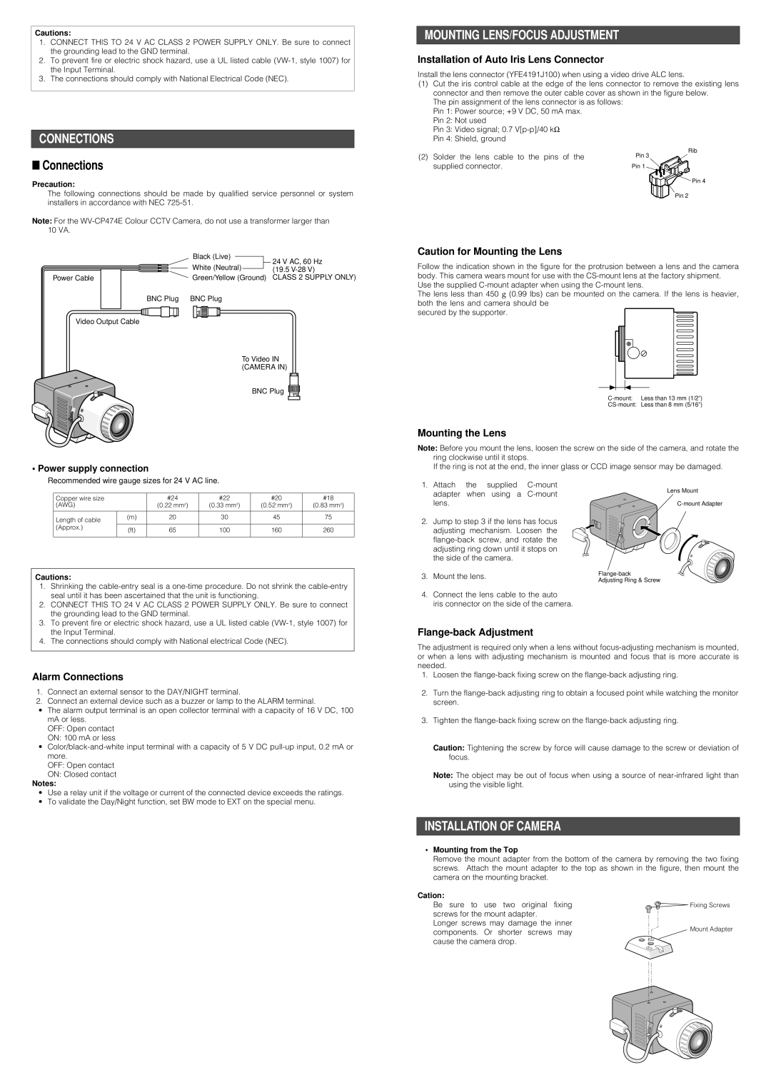 Panasonic WV-CP474H Connections, Mounting LENS/FOCUS Adjustment, Installation of Camera, Power supply connection 