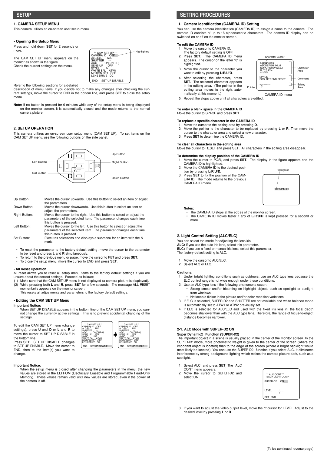 Panasonic WV-CP474H Setup Setting Procedures, Opening the Setup Menu, Camera Identification Camera ID Setting 